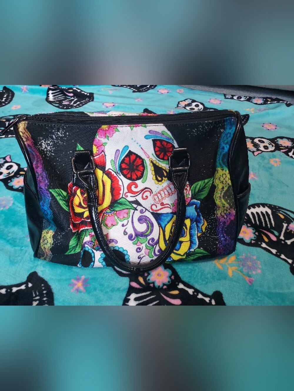 Colorful Day of the Dead Skull Floral Tote Bag - Black & Multicolor